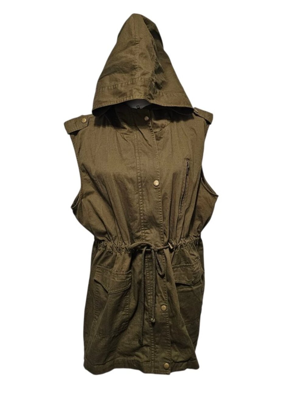 Zenana Hooded Vest Women’s 3X Olive Green Adjustable Tie Waist Snap Zip Front